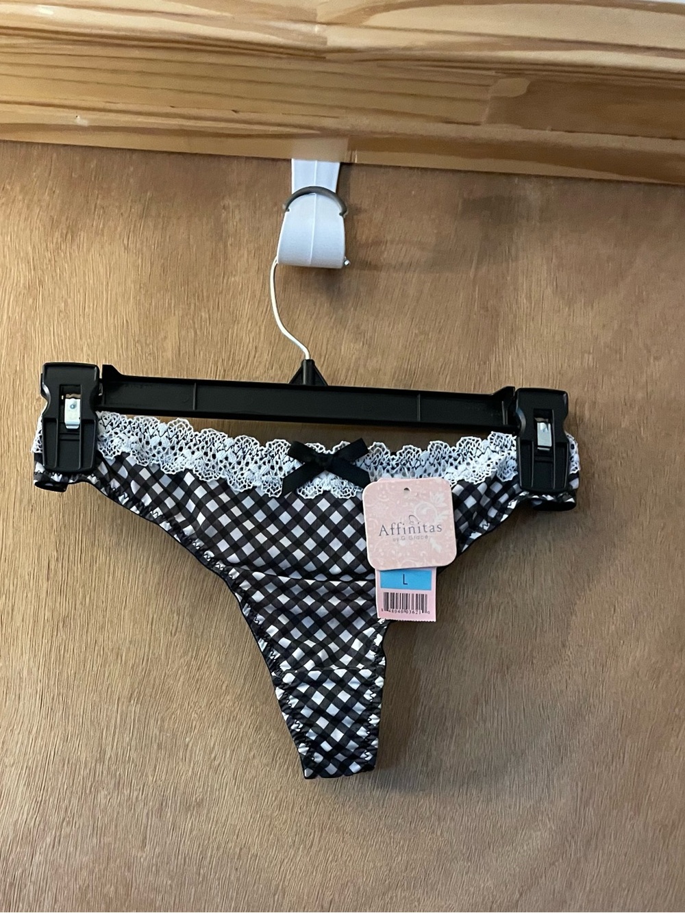 Black and White Gingham Lace-Trim Thong
